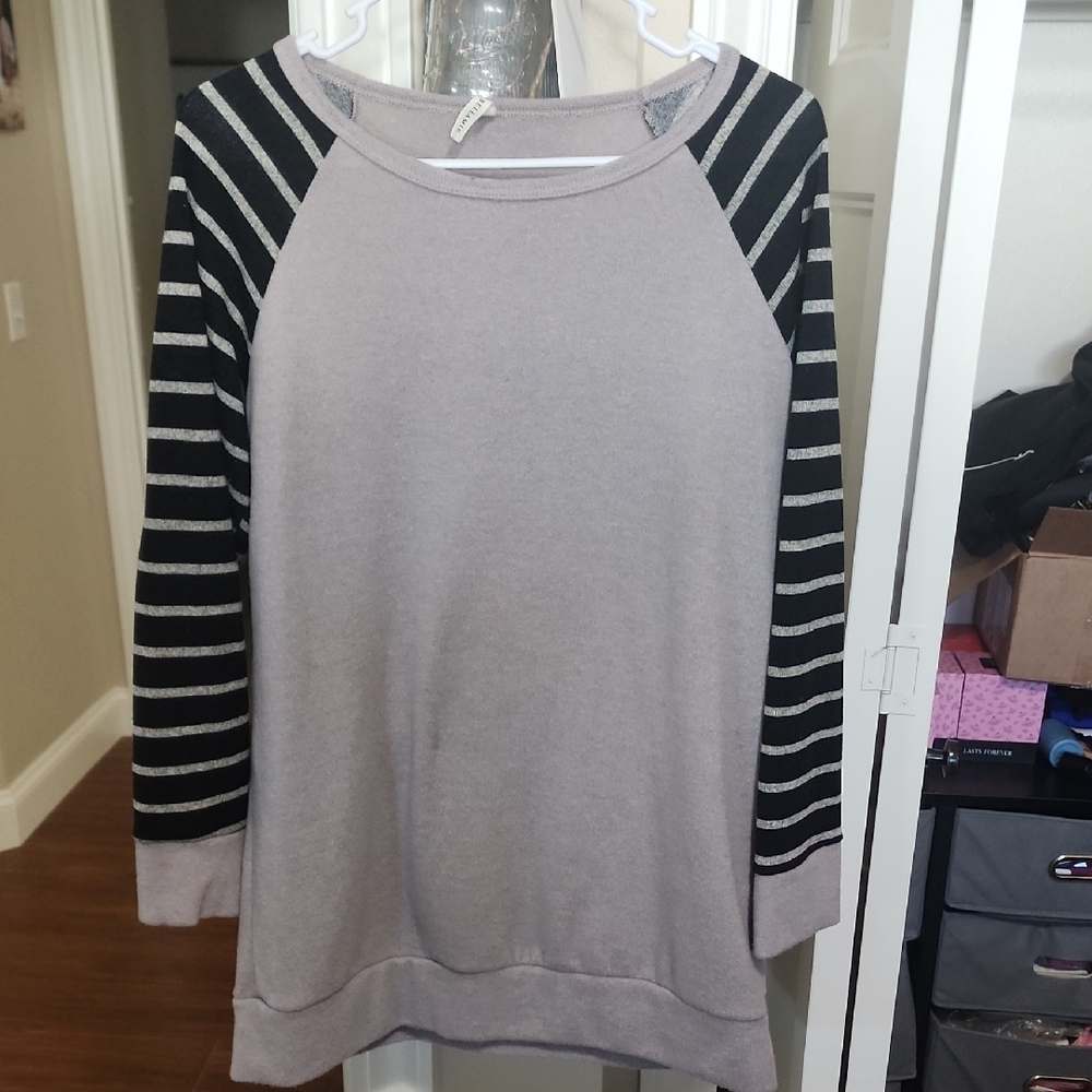 Bellamie Gray and Black Crew Neck Sweater with Striped Sleeves